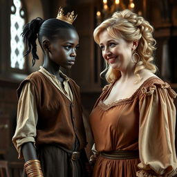 Inside a medieval palace, a very short and malnourished 30-year-old Black woman with deep black skin and an intense expression is featured