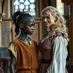 Inside a medieval palace, a very short and malnourished 30-year-old Black woman with deep black skin and an intense expression is featured