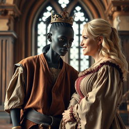 Inside a medieval palace, a very short and malnourished 30-year-old Black woman with deep black skin and an intense expression is featured