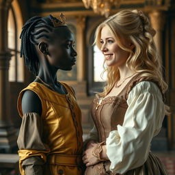 Inside a medieval palace, a very short and malnourished 30-year-old Black woman with deep black skin and an intense expression is depicted