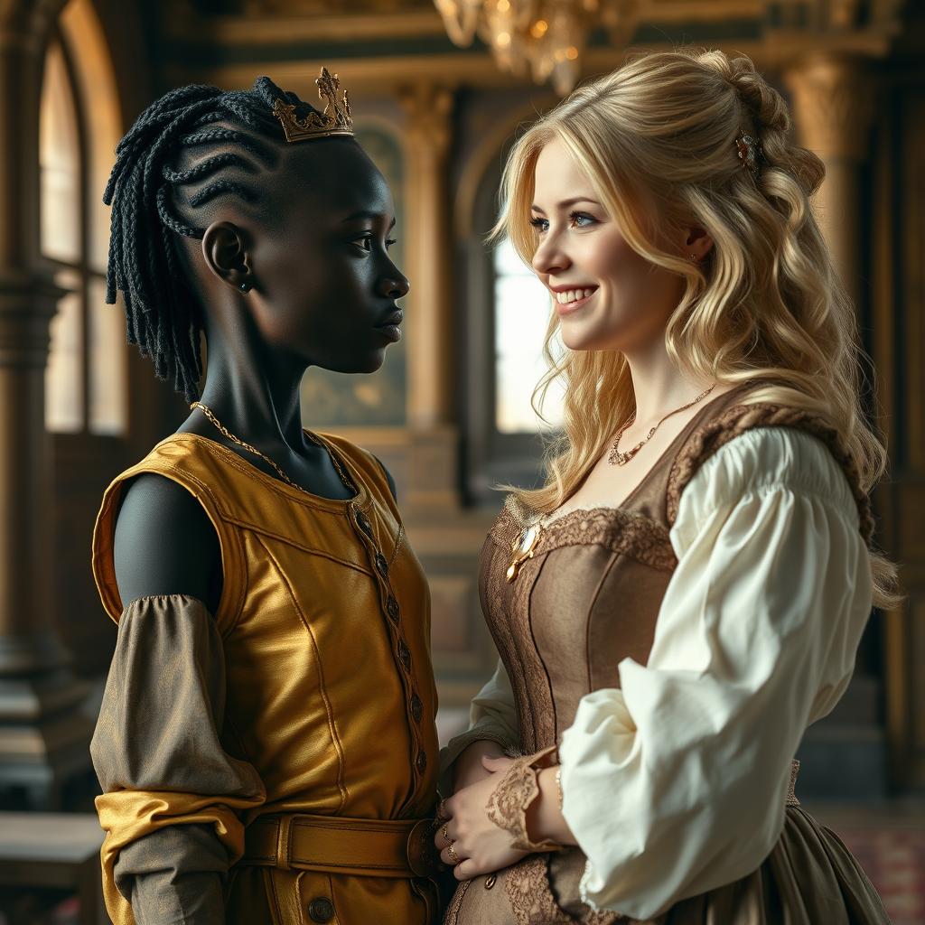 Inside a medieval palace, a very short and malnourished 30-year-old Black woman with deep black skin and an intense expression is depicted