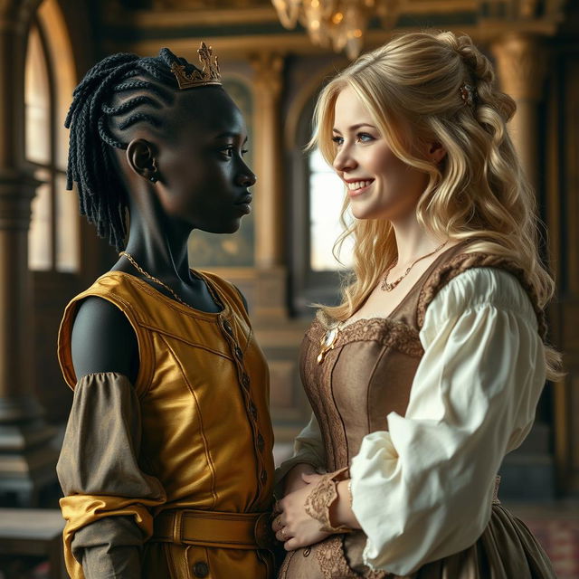 Inside a medieval palace, a very short and malnourished 30-year-old Black woman with deep black skin and an intense expression is depicted