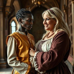 Inside a medieval palace, a very short and malnourished 30-year-old Black woman with deep black skin and an intense expression is depicted