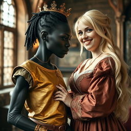 Inside a medieval palace, a very short and malnourished 30-year-old Black woman with deep black skin and an intense expression is depicted
