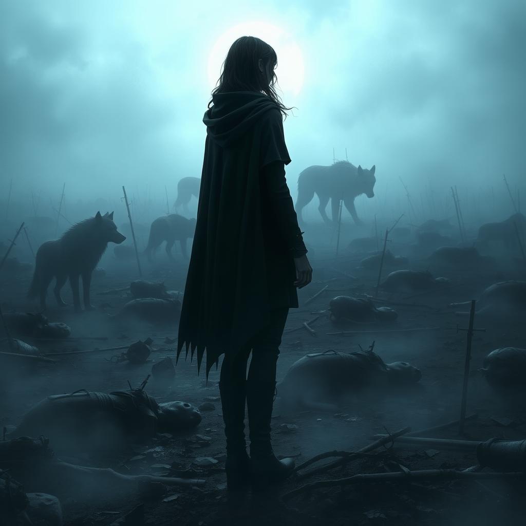 A dark war field, littered with corpses and shrouded in a dense fog covering the ground