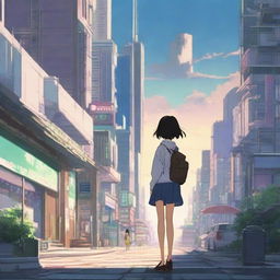 Redo of Tokyo cityscape in Makoto Shinkai's distinct style, with a focal point on a graceful girl amidst architectural marvels and an enchanting sky