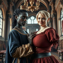 Inside a grand medieval palace, a very short and malnourished 30-year-old Black woman with deep black skin and a fierce expression is depicted