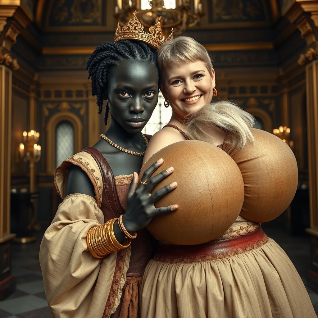 Inside a grand medieval palace, a very short and malnourished 30-year-old Black woman with deep black skin and a fierce expression is depicted