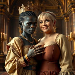 Inside a grand medieval palace, a very short and malnourished 30-year-old Black woman with deep black skin and a fierce expression is depicted