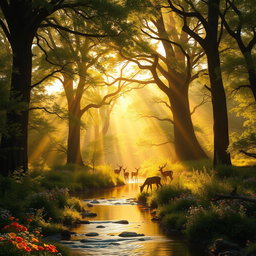 A majestic, ancient forest bathed in golden sunlight, with towering trees whose leaves create a lush canopy above