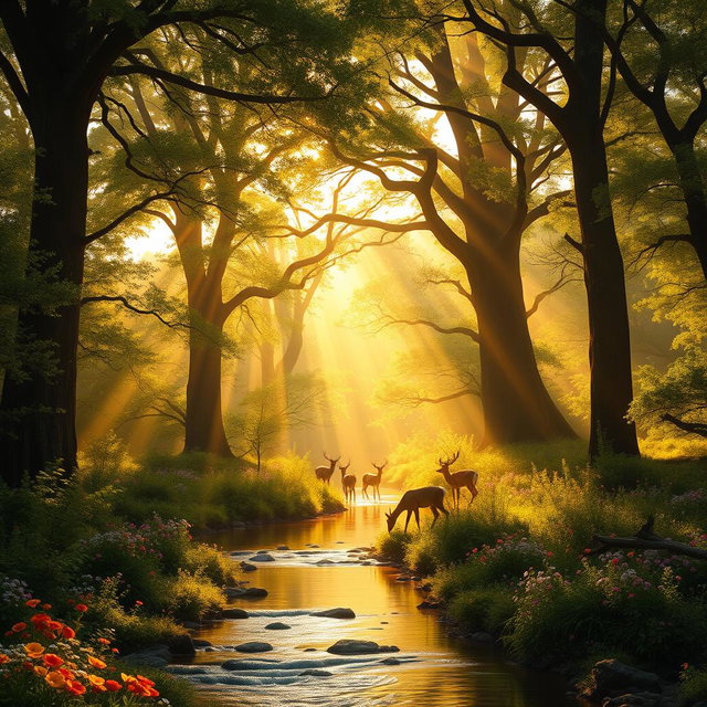 A majestic, ancient forest bathed in golden sunlight, with towering trees whose leaves create a lush canopy above