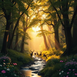 A majestic, ancient forest bathed in golden sunlight, with towering trees whose leaves create a lush canopy above