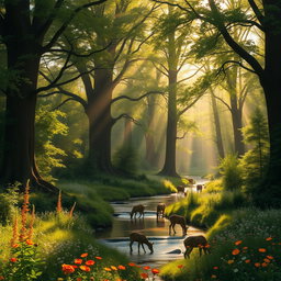 A majestic, ancient forest bathed in golden sunlight, with towering trees whose leaves create a lush canopy above