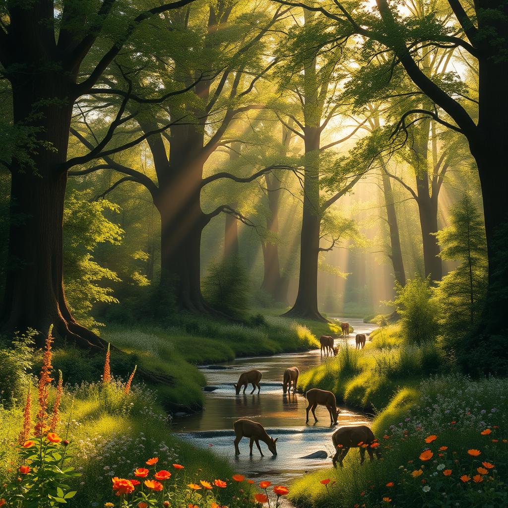 A majestic, ancient forest bathed in golden sunlight, with towering trees whose leaves create a lush canopy above