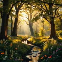 A majestic, ancient forest bathed in golden sunlight, with towering trees whose leaves create a lush canopy above