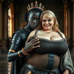 Inside a medieval palace, a very short and malnourished 30-year-old Black woman with deep black skin and an intense expression stands out