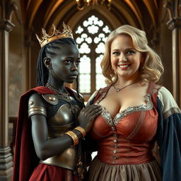 Inside a medieval palace, a very short and malnourished 30-year-old Black woman with deep black skin and an intense expression stands out