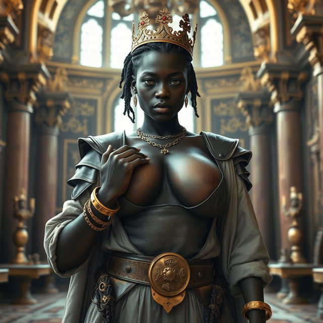 Inside a lavish medieval palace, a very short and malnourished 30-year-old Black woman with deep dark skin and a fierce expression stands confidently