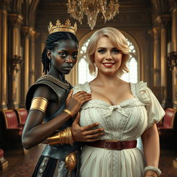 Inside a lavish medieval palace, a very short and malnourished 30-year-old Black woman with deep dark skin and a fierce expression stands confidently