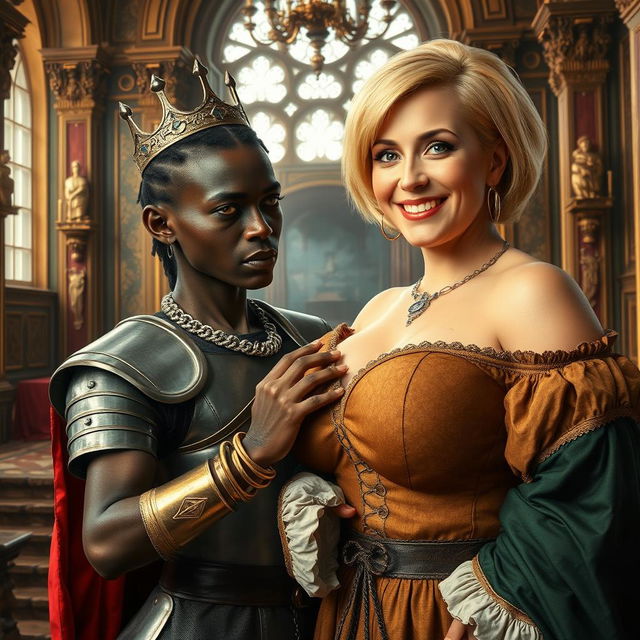 Inside a lavish medieval palace, a very short and malnourished 30-year-old Black woman with very dark skin and an intimidating expression is depicted