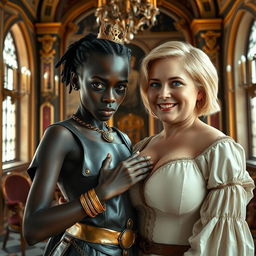 Inside a lavish medieval palace, a very short and malnourished 30-year-old Black woman with very dark skin and an intimidating expression is depicted