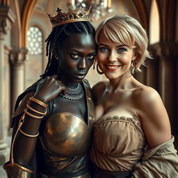 Inside a medieval palace, a very short and malnourished 30-year-old Black woman with deep black skin and a fierce expression is dressed in a medieval knight's outfit that highlights her emaciated figure