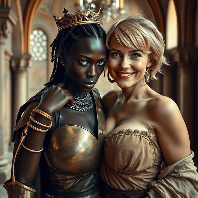 Inside a medieval palace, a very short and malnourished 30-year-old Black woman with deep black skin and a fierce expression is dressed in a medieval knight's outfit that highlights her emaciated figure