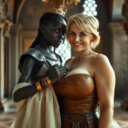 Inside a medieval palace, a very short and malnourished 30-year-old Black woman with deep black skin and a fierce expression is dressed in a medieval knight's outfit that highlights her emaciated figure