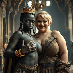 Inside a grand medieval palace, a very short and malnourished 30-year-old Black woman with deep black skin and an intimidating expression is depicted