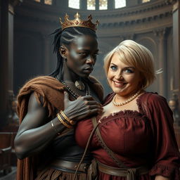 Inside a grand medieval palace, a very short and malnourished 30-year-old Black woman with deep black skin and an intimidating expression is depicted