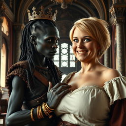 Inside a grand medieval palace, a very short and malnourished 30-year-old Black woman with deep black skin and an intimidating expression is depicted