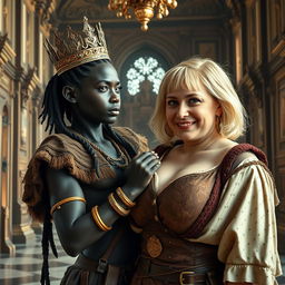 Inside a grand medieval palace, a very short and malnourished 30-year-old Black woman with deep black skin and an intimidating expression is depicted