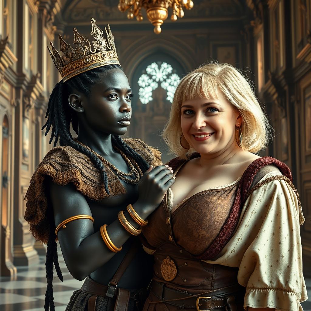 Inside a grand medieval palace, a very short and malnourished 30-year-old Black woman with deep black skin and an intimidating expression is depicted