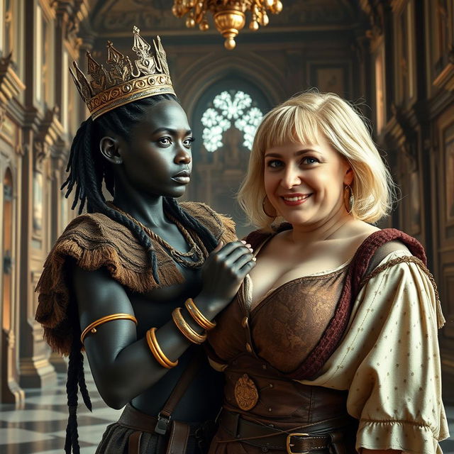 Inside a grand medieval palace, a very short and malnourished 30-year-old Black woman with deep black skin and an intimidating expression is depicted