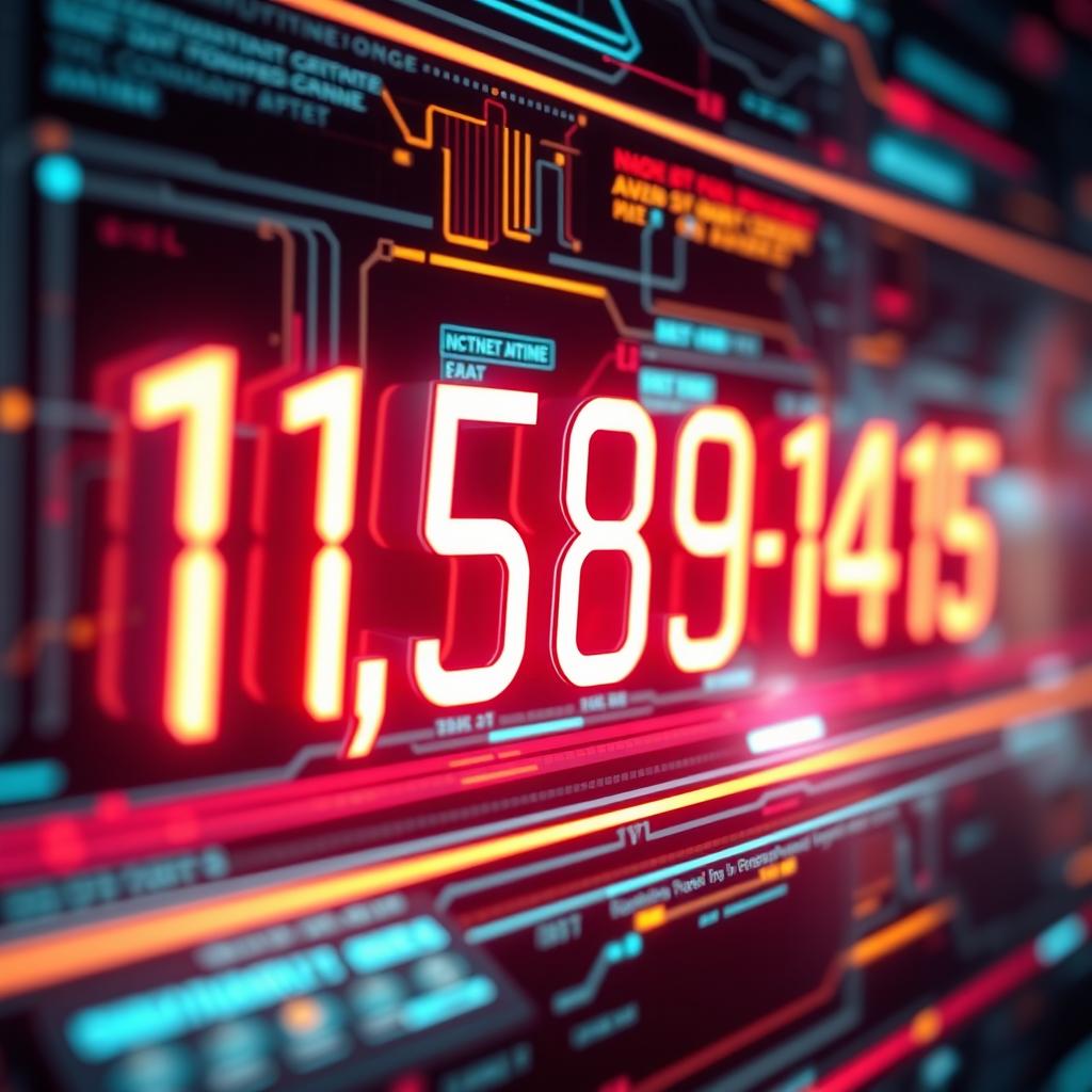 An artistic representation of the number sequence "11 5809-1415" portrayed as a futuristic, glowing numeric display, surrounded by a high-tech digital interface that features abstract patterns and vibrant colors