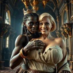 Inside an elaborate medieval palace, a very short and malnourished 30-year-old Black woman with deep black skin and a fierce expression is dressed in a Viking barbarian outfit, highlighting her emaciated physique