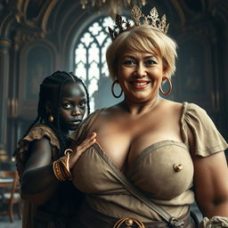 Inside an elaborate medieval palace, a very short and malnourished 30-year-old Black woman with deep black skin and a fierce expression is dressed in a Viking barbarian outfit, highlighting her emaciated physique