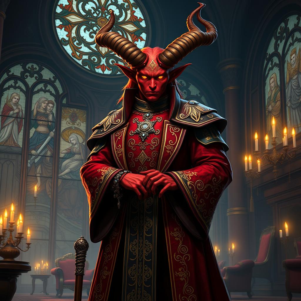 A majestic Hellfire Tiefling character standing confidently in a grand noble hall in Waterdeep