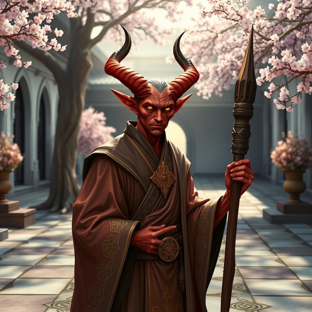A noble Hellfire Tiefling character exuding an aura of peace and wisdom, standing in a tranquil courtyard of a grand estate in Waterdeep