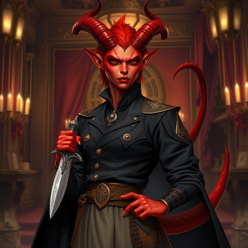 A striking Hellfire Tiefling character with vibrant red skin, short, elegantly curved horns, and a long, sinuous tail