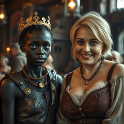 Inside a medieval bar, a young black African woman, low in stature and with malnourished features, stands out with her very dark skin, anemic eyes, and a demonic expression