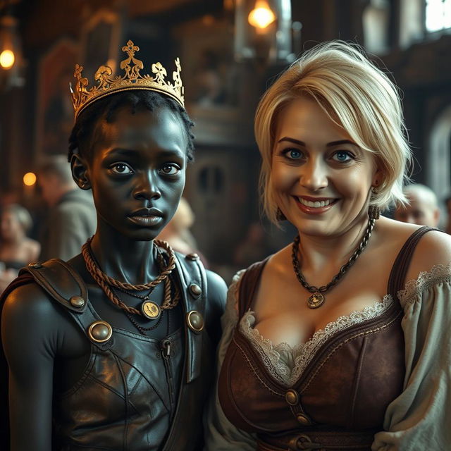Inside a medieval bar, a young black African woman, low in stature and with malnourished features, stands out with her very dark skin, anemic eyes, and a demonic expression