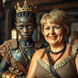 Inside a medieval bar, a young black African woman, low in stature and with malnourished features, stands out with her very dark skin, anemic eyes, and a demonic expression