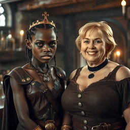 Inside a medieval bar, a young black African woman, low in stature and with malnourished features, stands out with her very dark skin, anemic eyes, and a demonic expression