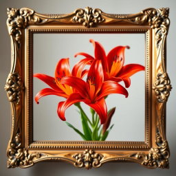A beautifully designed square picture frame filled with vibrant fire lilies, showcasing their bright, fiery red and orange petals