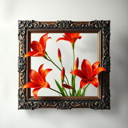 A beautifully designed square picture frame filled with vibrant fire lilies, showcasing their bright, fiery red and orange petals