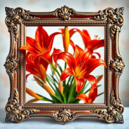 A beautifully designed square picture frame filled with vibrant fire lilies, showcasing their bright, fiery red and orange petals