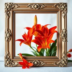 A beautifully designed square picture frame filled with vibrant fire lilies, showcasing their bright, fiery red and orange petals