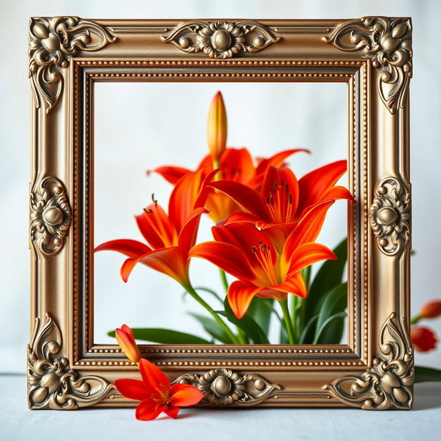 A beautifully designed square picture frame filled with vibrant fire lilies, showcasing their bright, fiery red and orange petals