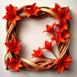 A visually stunning square picture frame made entirely of intertwined fire lilies, showcasing their vibrant red and orange petals
